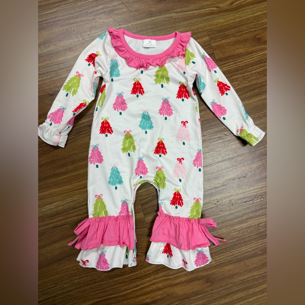 Boutique- White Romper with colorful Christmas trees and pink ruffles- NWOT